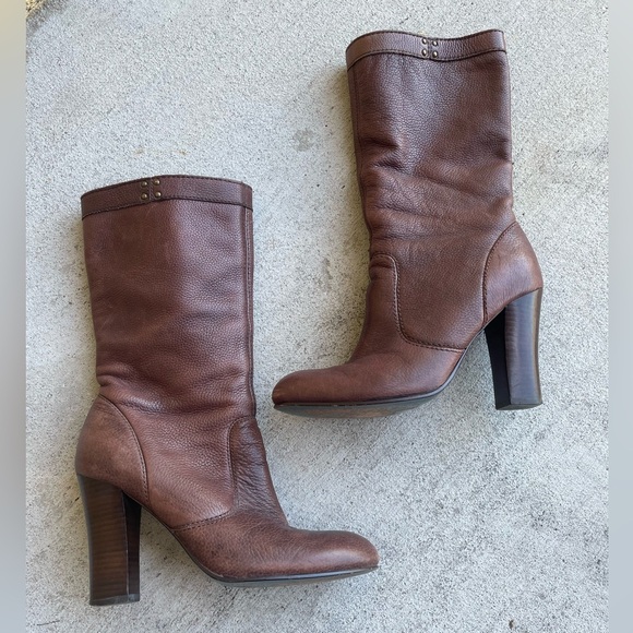 Miss Sixty Leather Brown Wood Heeled Boots 6.5 Narrow Chunky 90s Mid Calf Retro - Picture 1 of 8
